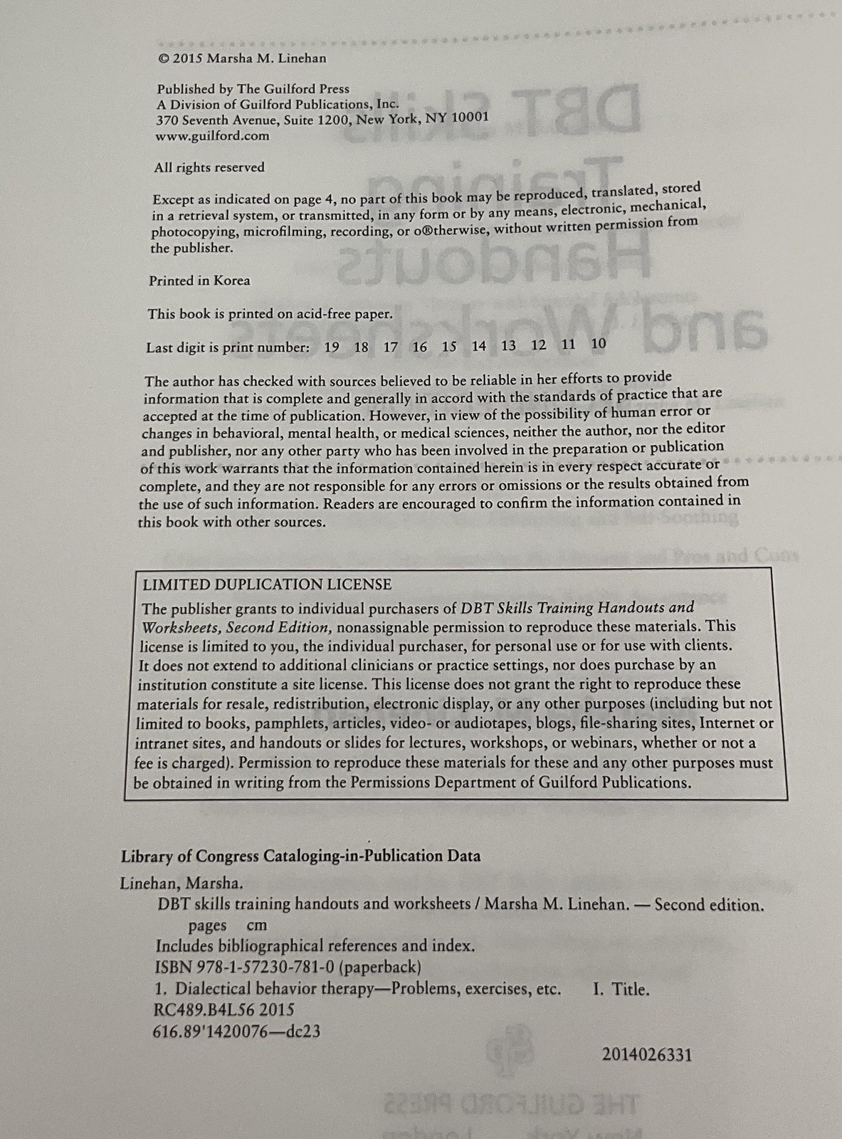 DBT Skills Training Handouts & Worksheets Marsha Linehan Guilford 8.5×11 Teal PB