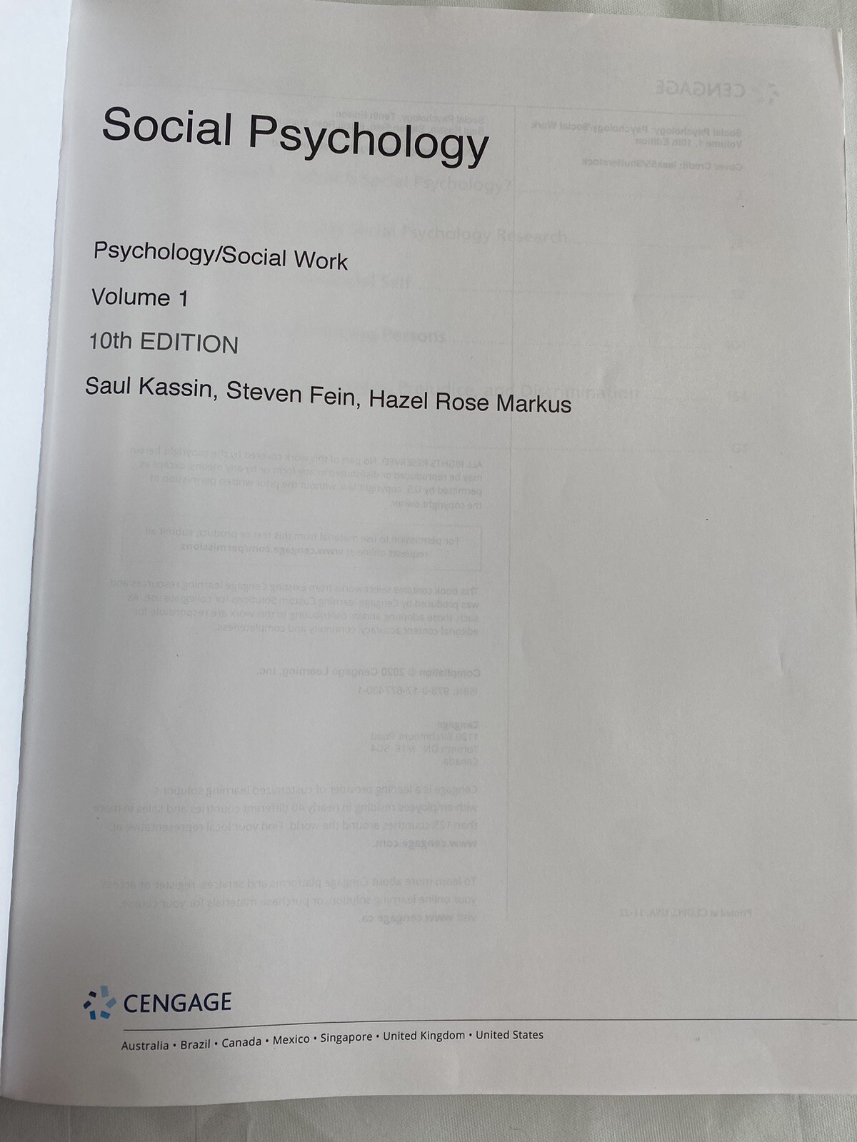 Social Psychology, Kassin, Fein, Markus, 10 edition, 2020, Volume 1