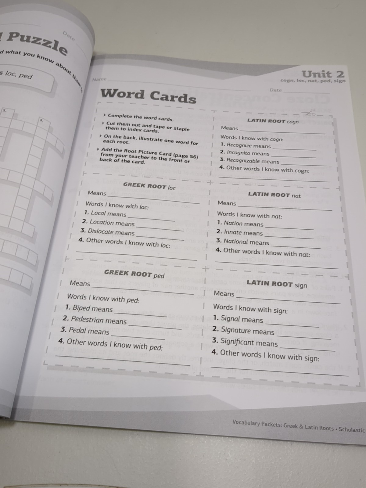 Vocabulary Packets-Greek & Latin Roots Workbook Grades 4-8 Scholastic Pre-owned