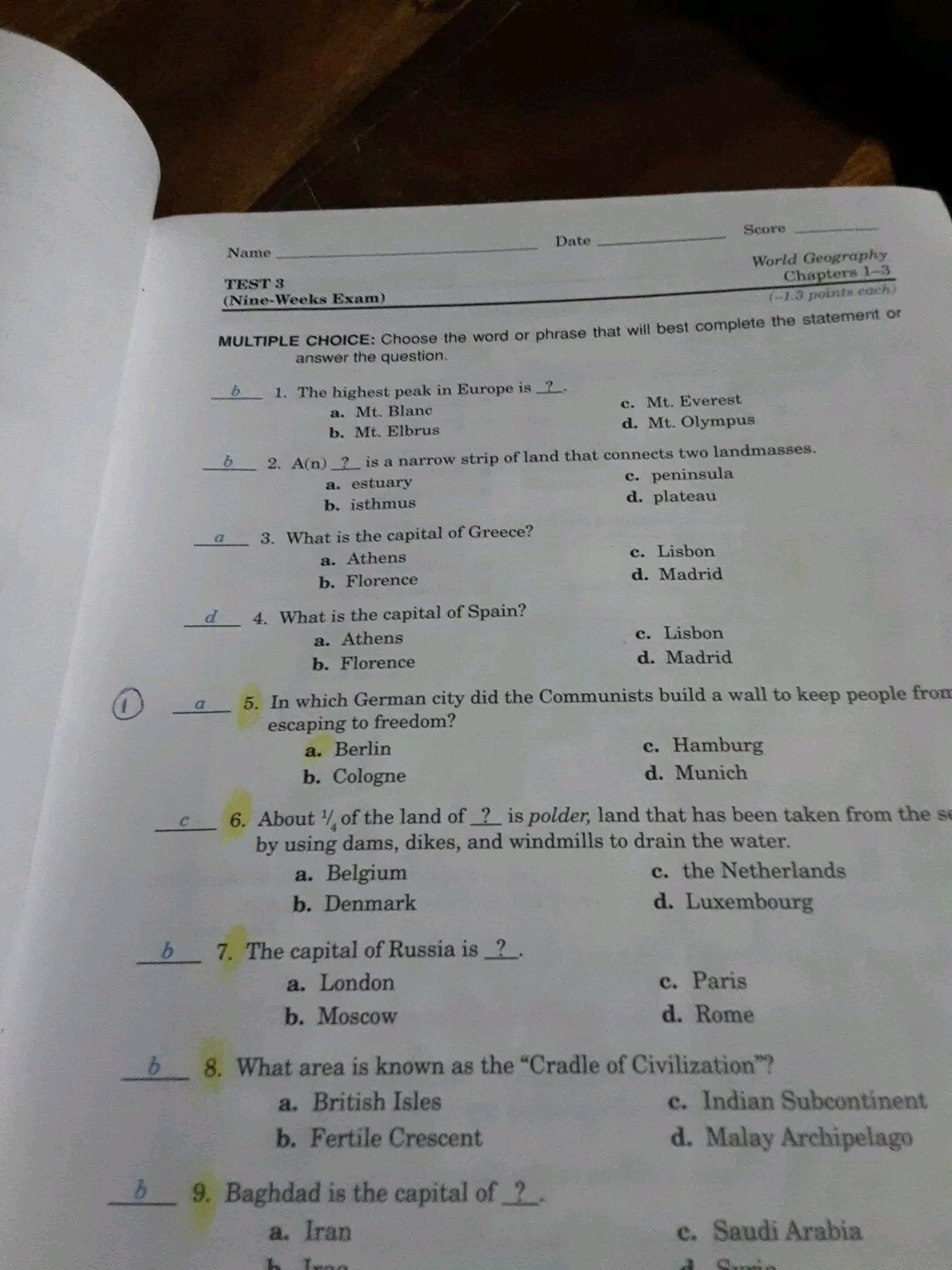 Abeka A Beka World Geography Test Quiz Key Homeschool