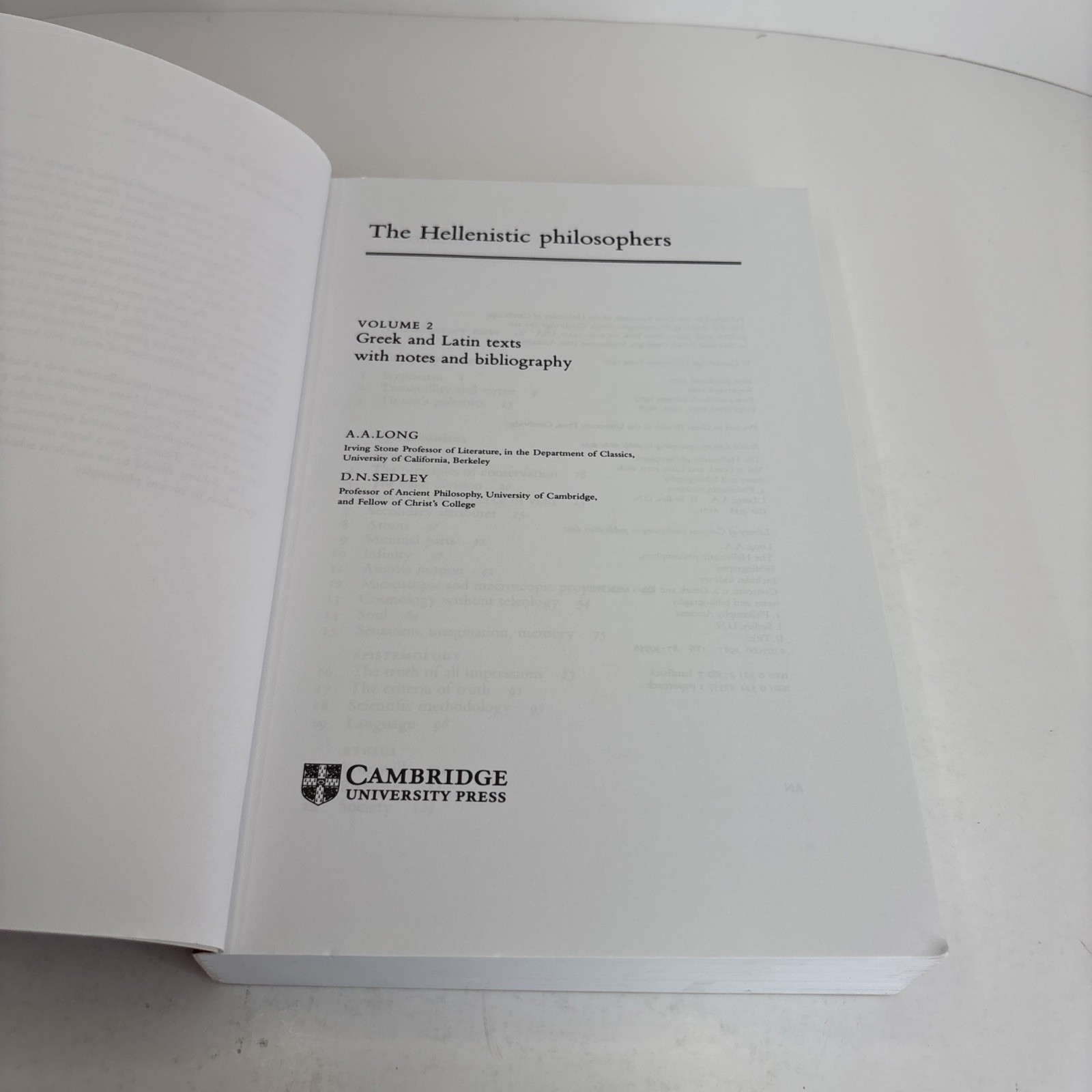 The Hellenistic Philosophers 2 Volumes (Translations, Latin, Greek) CAMBRIDGE