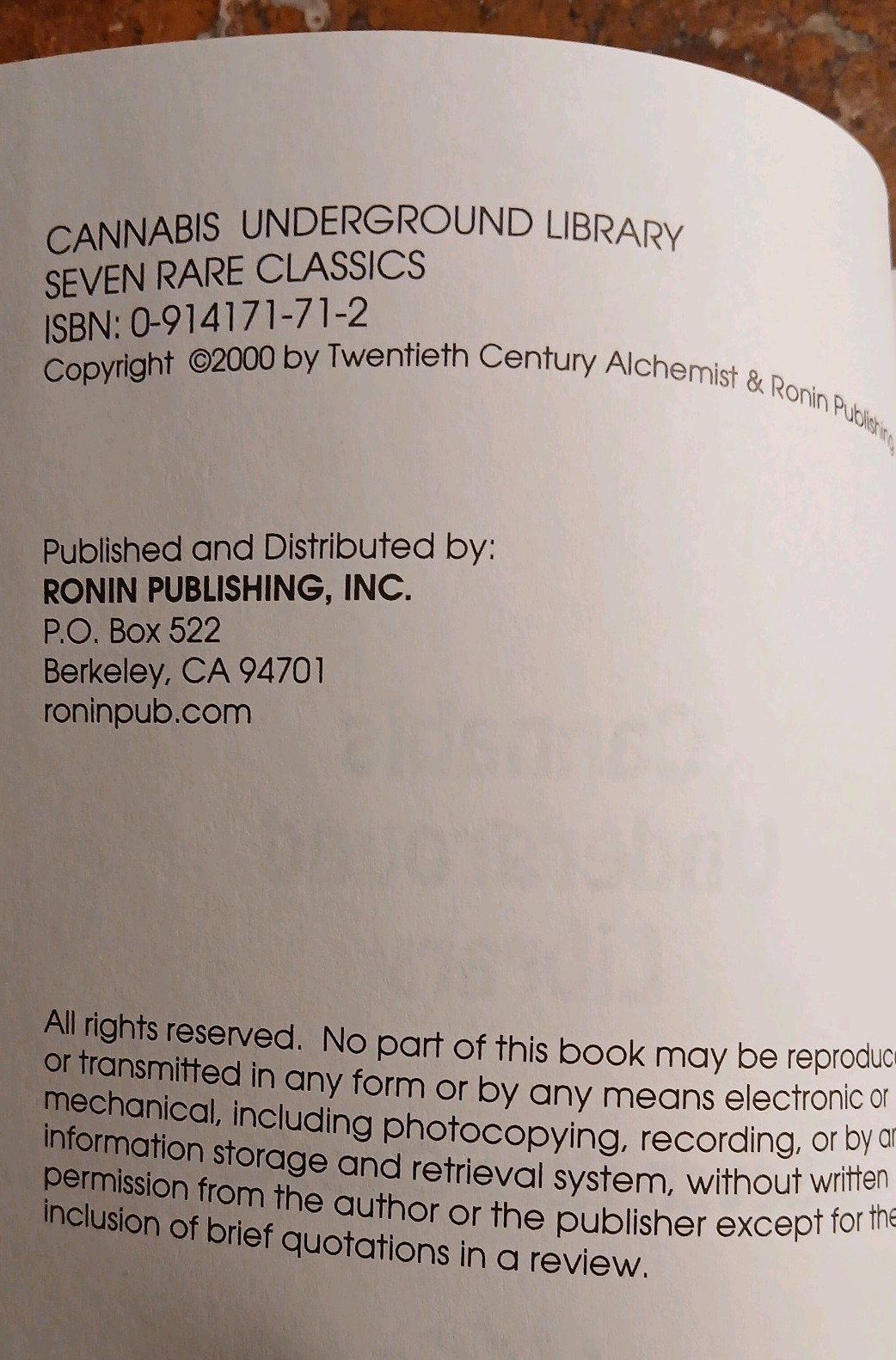 Cannabis Underground Library-Seven Rare Classics, 2000 Ronin Publishing. SC/VG
