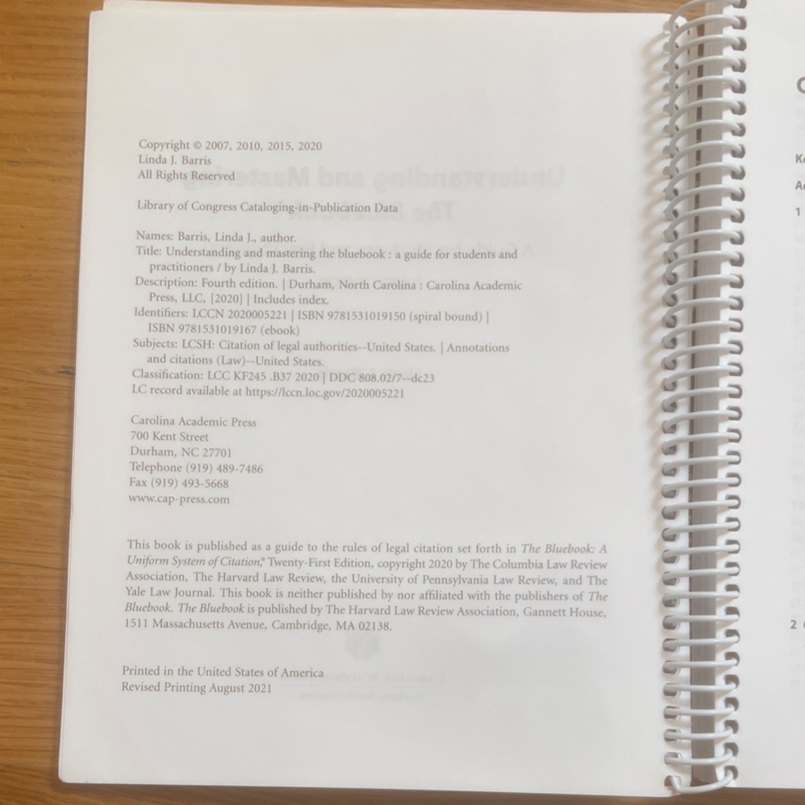 Carolina Academic Press Law Fourth Edition Spiral Linda J. Barris Bluebook