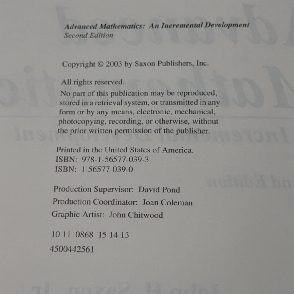 Advanced Mathematics An Incremental Development Saxon Second Edition 2003 Hardco