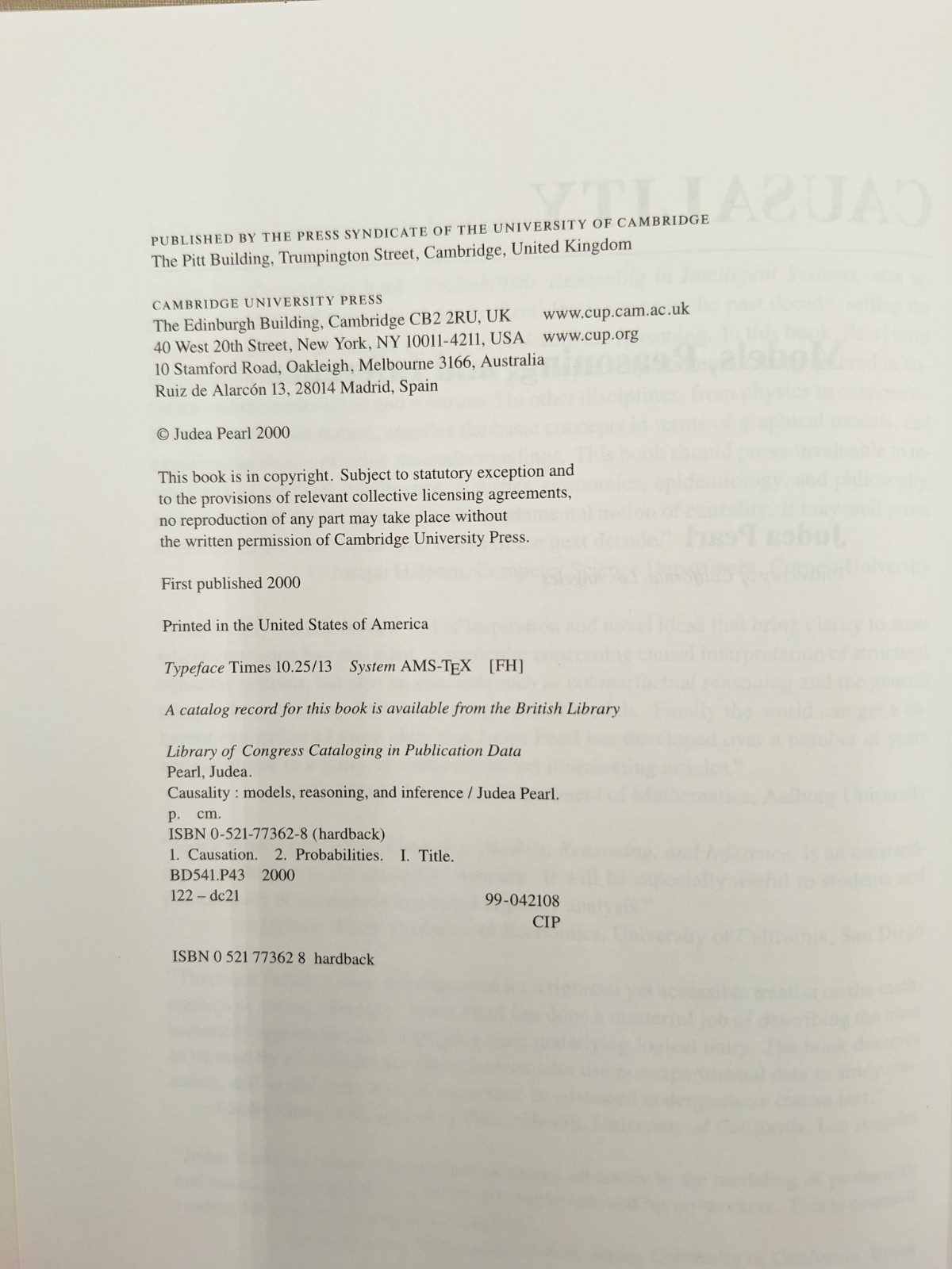 Causality Models, Reasoning, And Inference Judea Pearl 2000 Hardcover Book