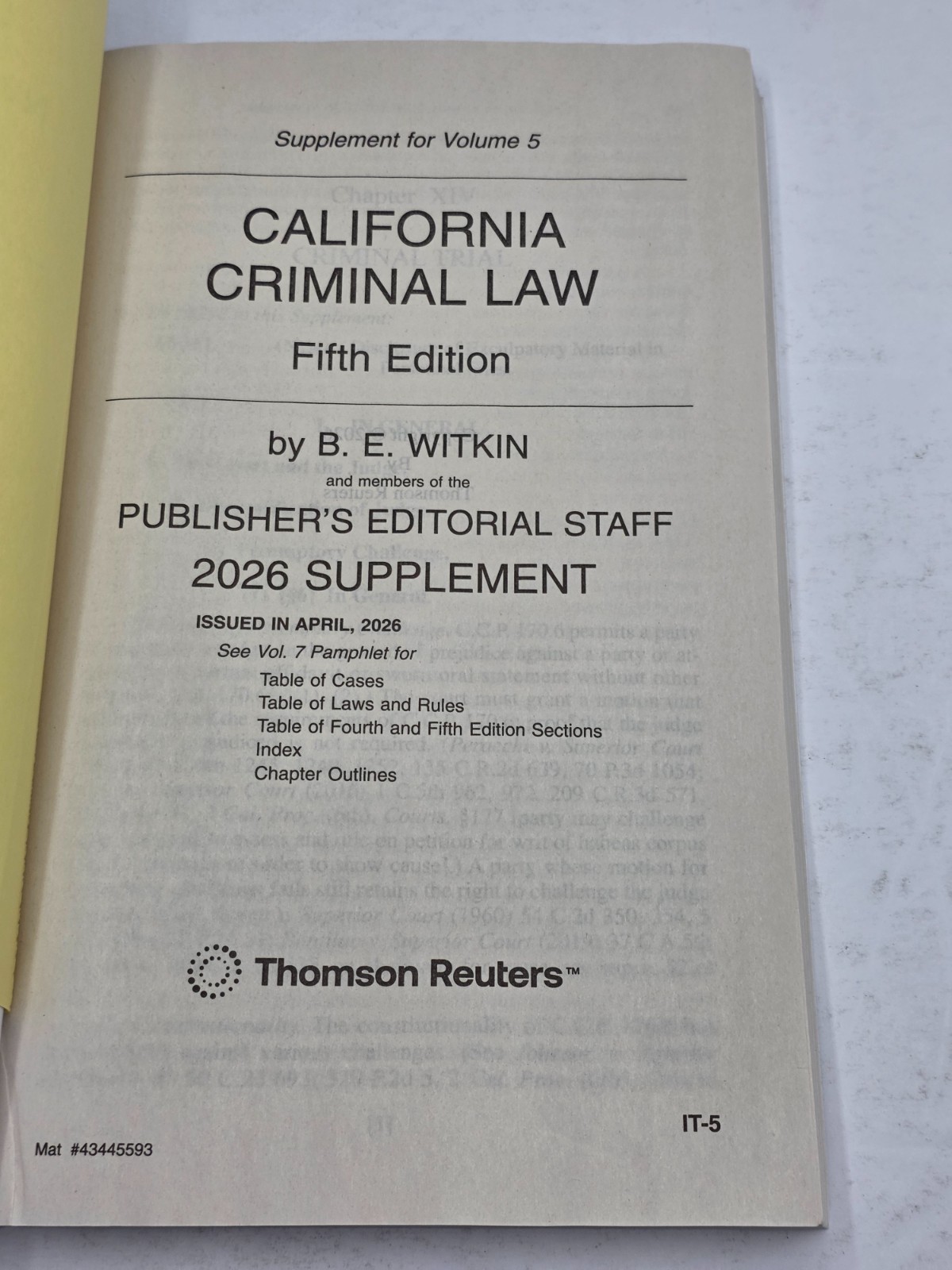 California Criminal Law 5th Edition Witkin Thomson Reuters Paperback Vol. 2-3, 5