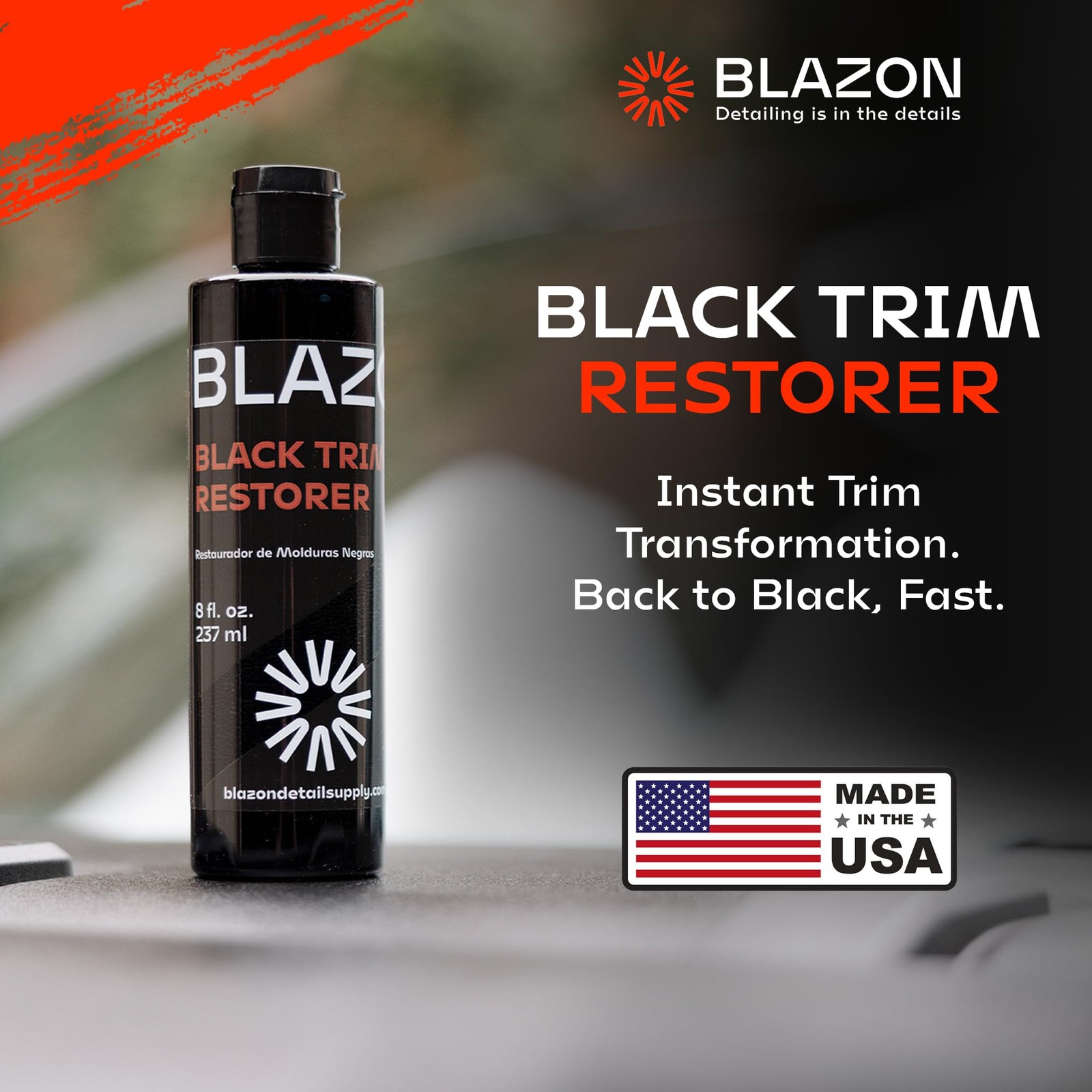 BLAZON Black Trim Restorer 8 oz – Dye-Infused Solution for Car Trim