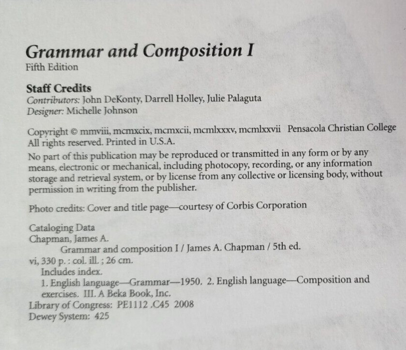 Abeka A Beka Book GRAMMAR & COMPOSITION I Fifth Ed TEACHER KEY Spiral 13884301