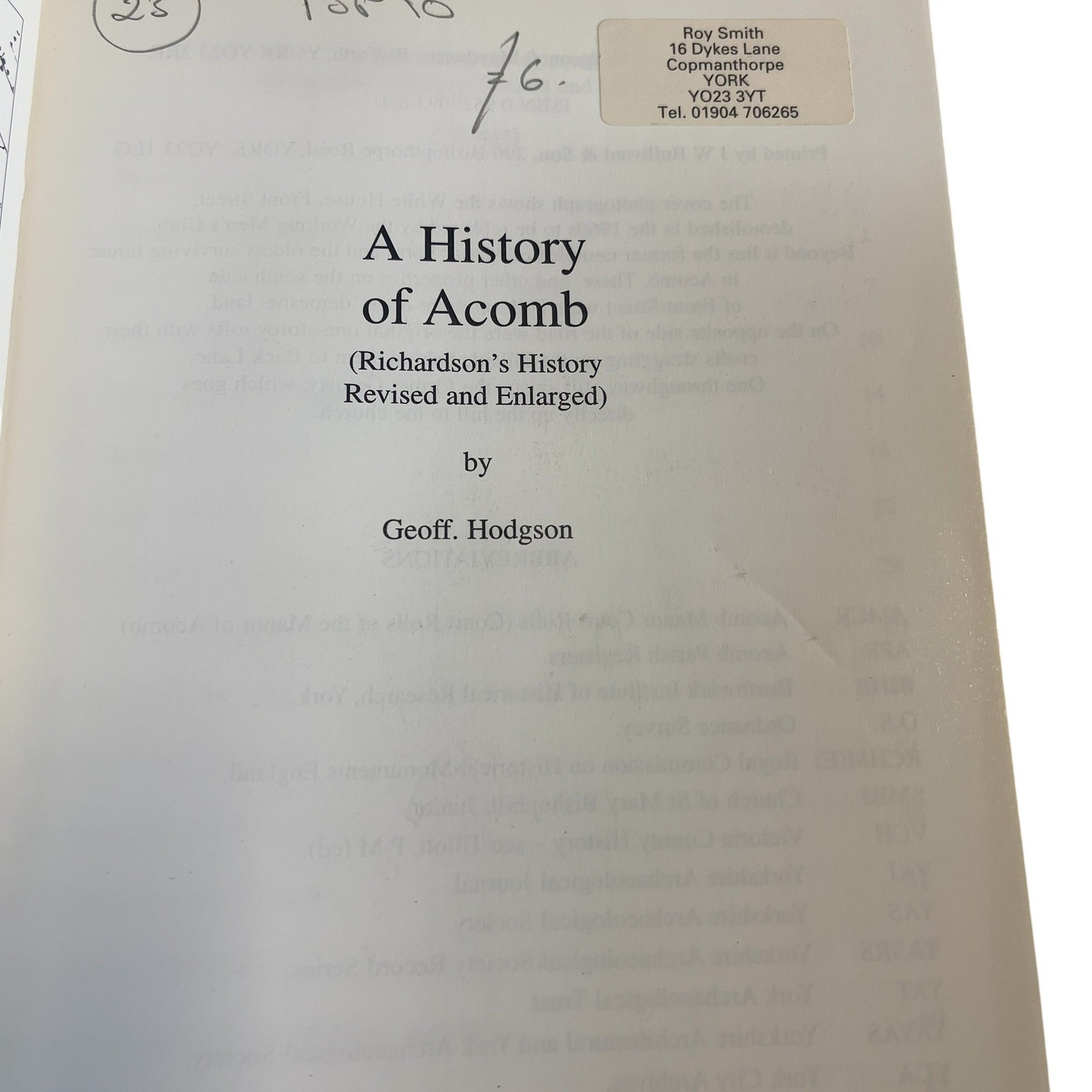 A History of Acomb Richardson’s History Revised Hodgson Paperback