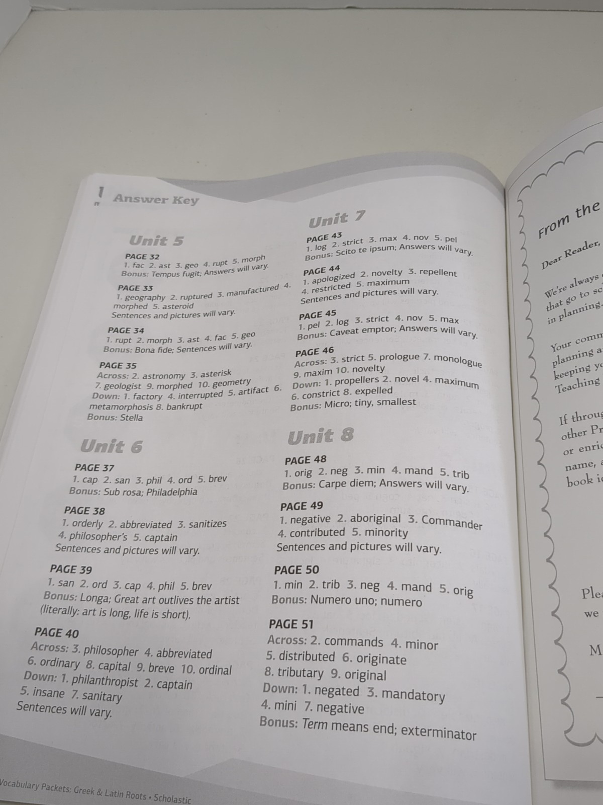 Vocabulary Packets-Greek & Latin Roots Workbook Grades 4-8 Scholastic Pre-owned