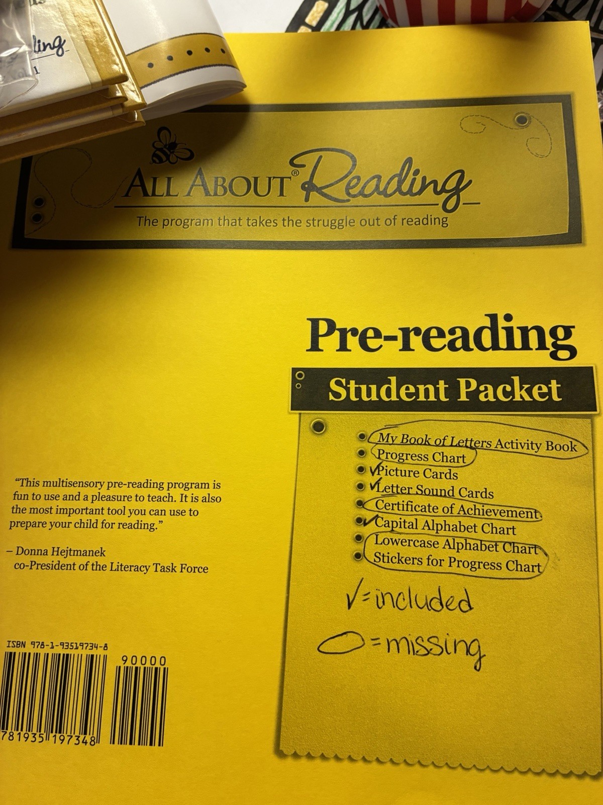 All About Reading prereading set missing my big book of letters student Act book
