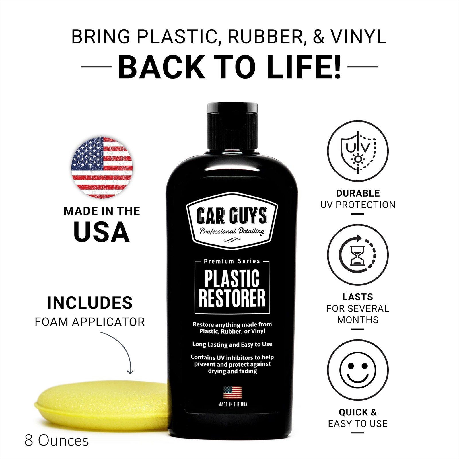 CAR GUYS Plastic Restorer | Bring Plastic, Rubber, 8oz w/ Applicator, Grey