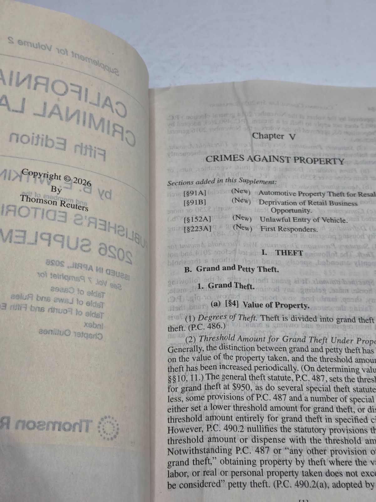California Criminal Law 5th Edition Witkin Thomson Reuters Paperback Vol. 2-3, 5