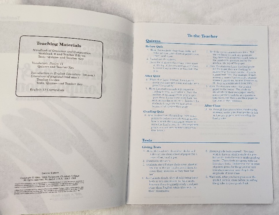 A Beka Book HANDBOOK Grammar & Composition Teacher TEST KEY Workbook B 43168006