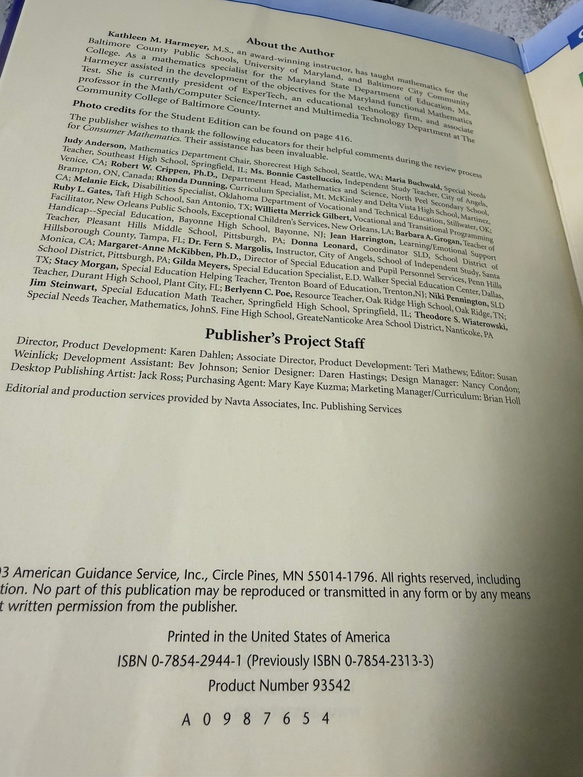 AGS: Consumer Mathematics Teacher’s Edition Textbook 2003